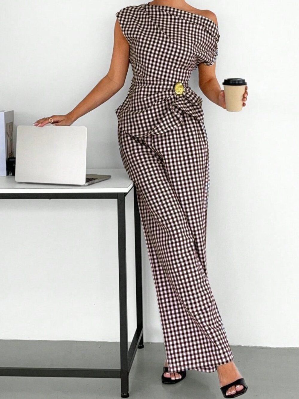 Brown Elegant Chic Plaid Women's One-Shoulder Peplum Top & Wide-Leg Pants Set - Picture 3 of 7
